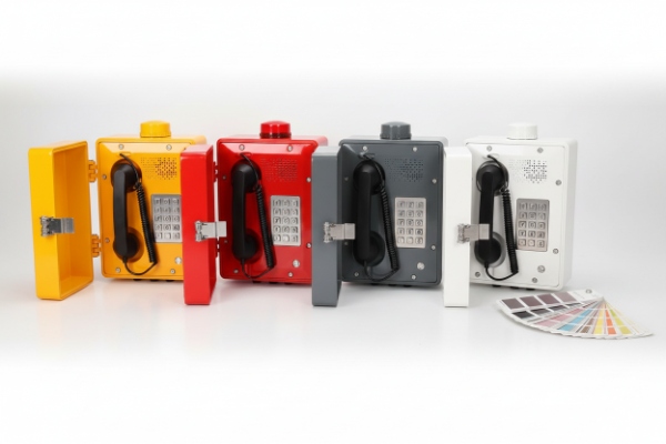 Multiple color variants of rugged SIP emergency phones with open doors and beacon lights