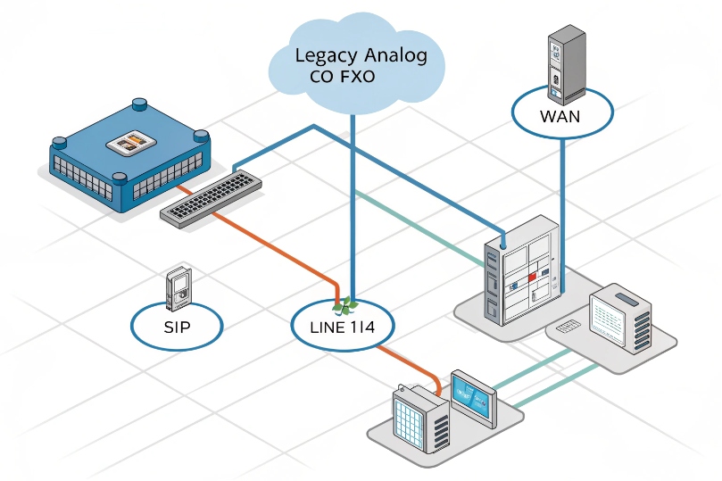 Network diagram bridging legacy analog CO FXO lines to SIP
