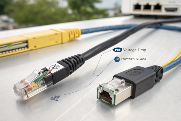 RJ45 PoE cable connectors showing voltage drop note and use of certified glands