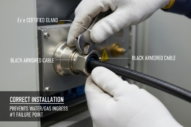 Gloved hands installing Ex e certified cable gland on black armored cable for sealing