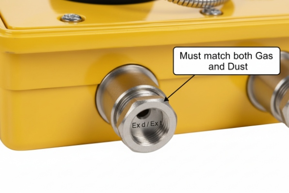 Close-up cable entry showing Ex d/Ex t gland note to match both gas and dust ratings
