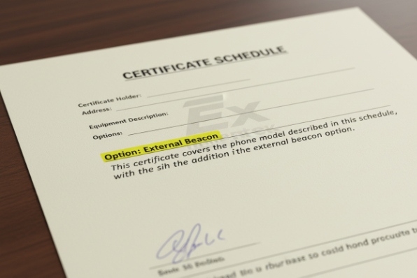 Certificate schedule document highlighting external beacon option for hazardous area telephone