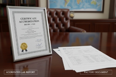 Accredited lab certificate and test report documents displayed with factory compliance paperwork