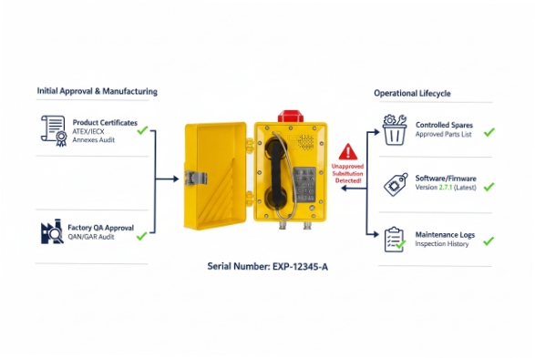 Product lifecycle diagram for explosion-proof SIP phone with approvals spares firmware and logs