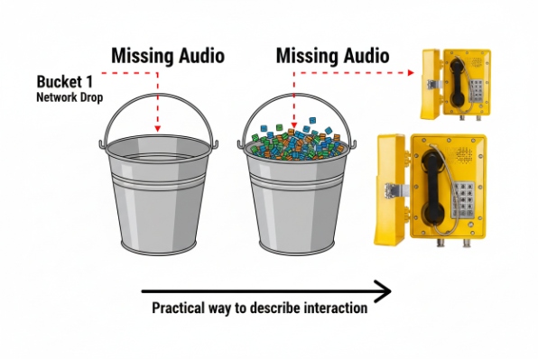 Bucket analogy for missing audio from network drop illustrated with industrial SIP phone