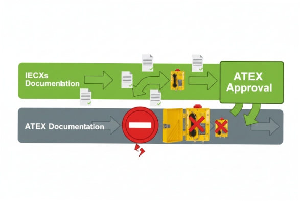 Workflow diagram showing IECEx documentation supporting ATEX approval and rejection risks