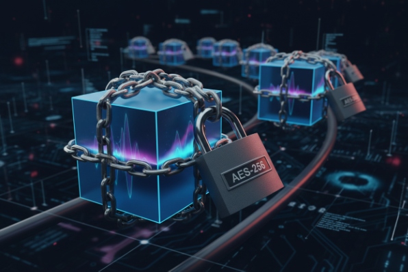 AES-256 encryption concept showing secured data blocks chained and locked for cybersecurity
