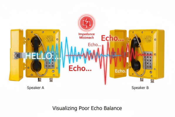 Echo balance graphic showing impedance mismatch causing echo between two analog phones