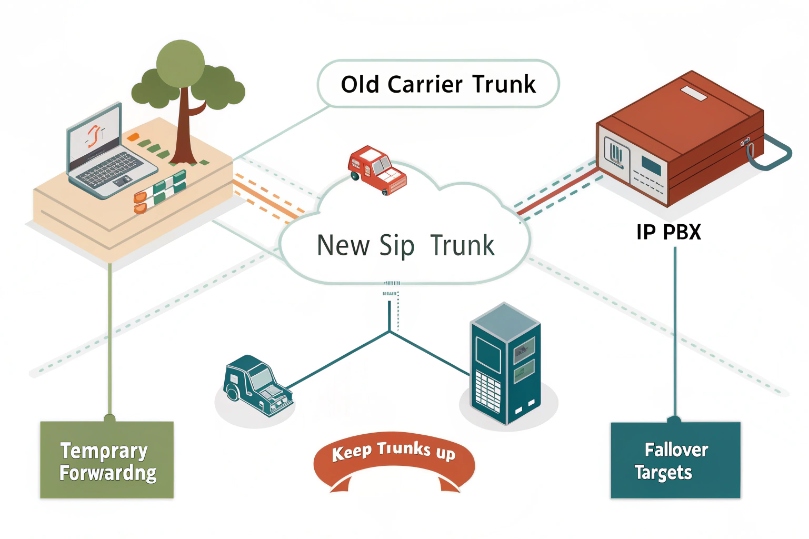 Diagram of a migration setup where a “New SIP Trunk” cloud sits between the “Old Carrier Trunk” and an on-prem IP PBX, with temporary forwarding from the old side and failover targets on the new side, highlighted by a banner reading “Keep Trunks Up”