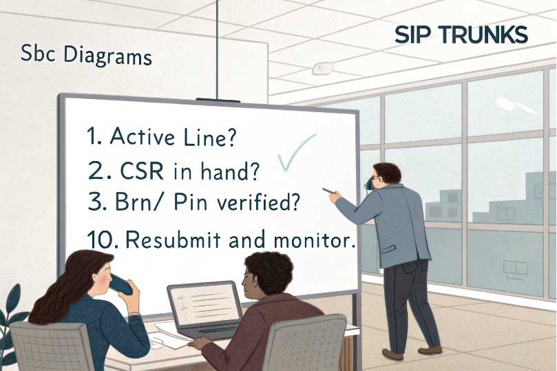 Office scene with a consultant writing SIP trunking port-check steps on a whiteboard: confirm active line, CSR in hand, BTN/PIN verified, then resubmit and monitor