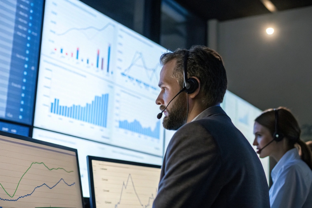 Call center agent reviewing routing data and call handling