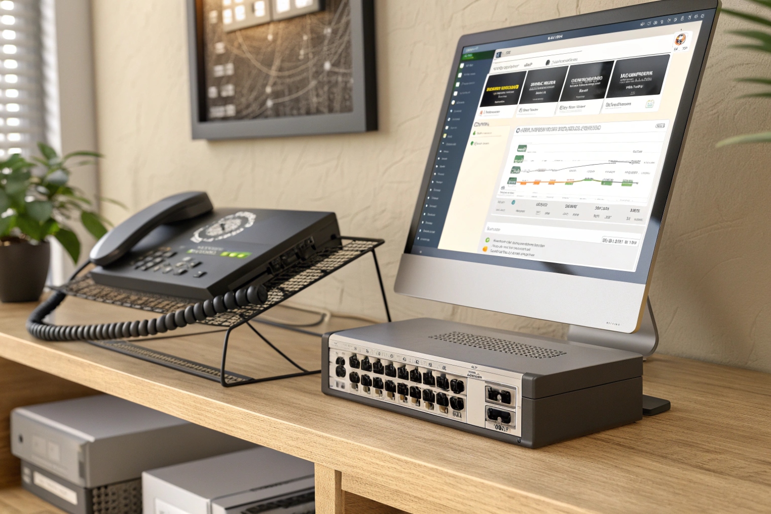 Office desk with IP phone, VoIP gateway switch and computer monitoring calls