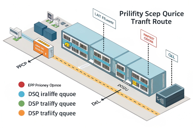 Logistics-style diagram of prioritized service queues representing different QoS classes across a data center path