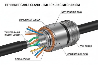 Ethernet cable gland cutaway showing EMI bonding ring, braided screen, foil shield, and seal