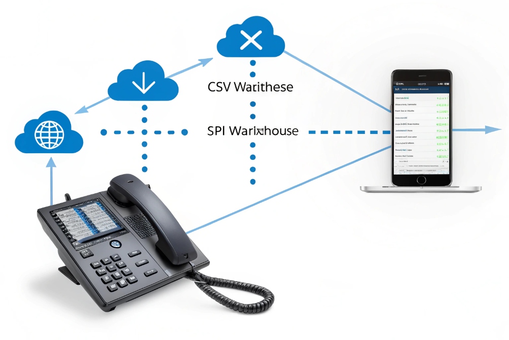 Diagram of an IP desk phone sending call data through cloud services to a smartphone, with labels like “CSV Warehouse” and “SPI Warehouse” indicating CDR export and reporting workflows.