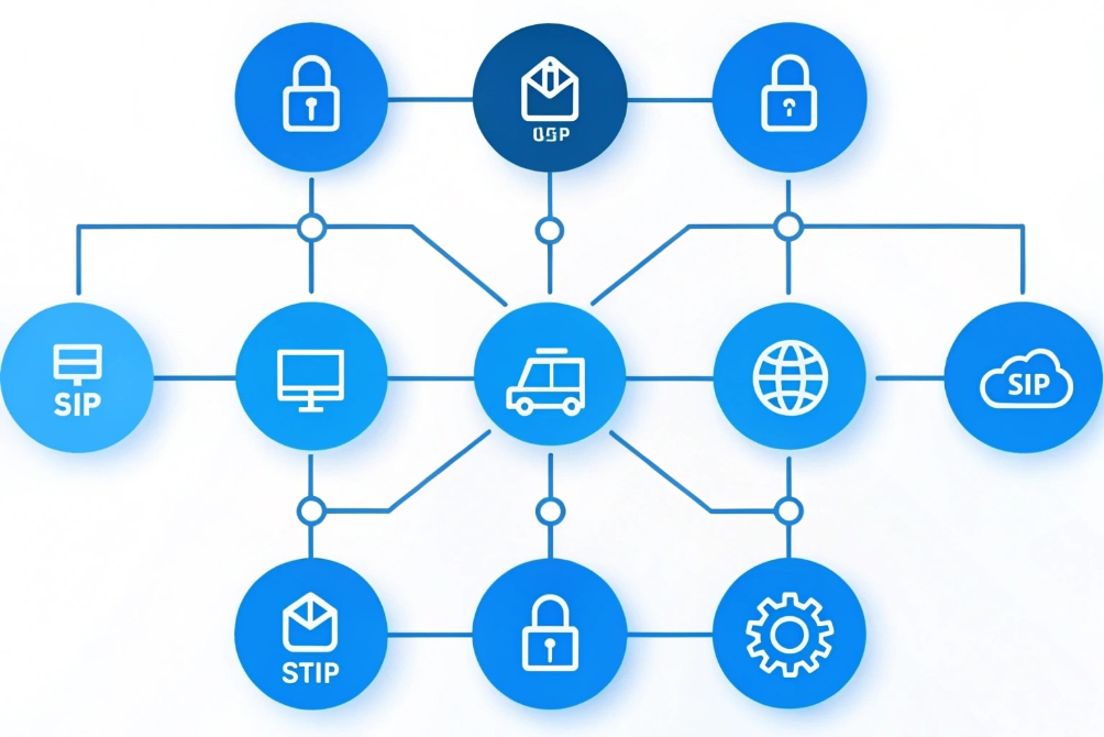 Flat network diagram of blue circular icons—SIP, computer, truck, globe, SIP cloud, locks, mail, and gear—connected by lines to depict a secure, service-oriented VoIP infrastructure.
