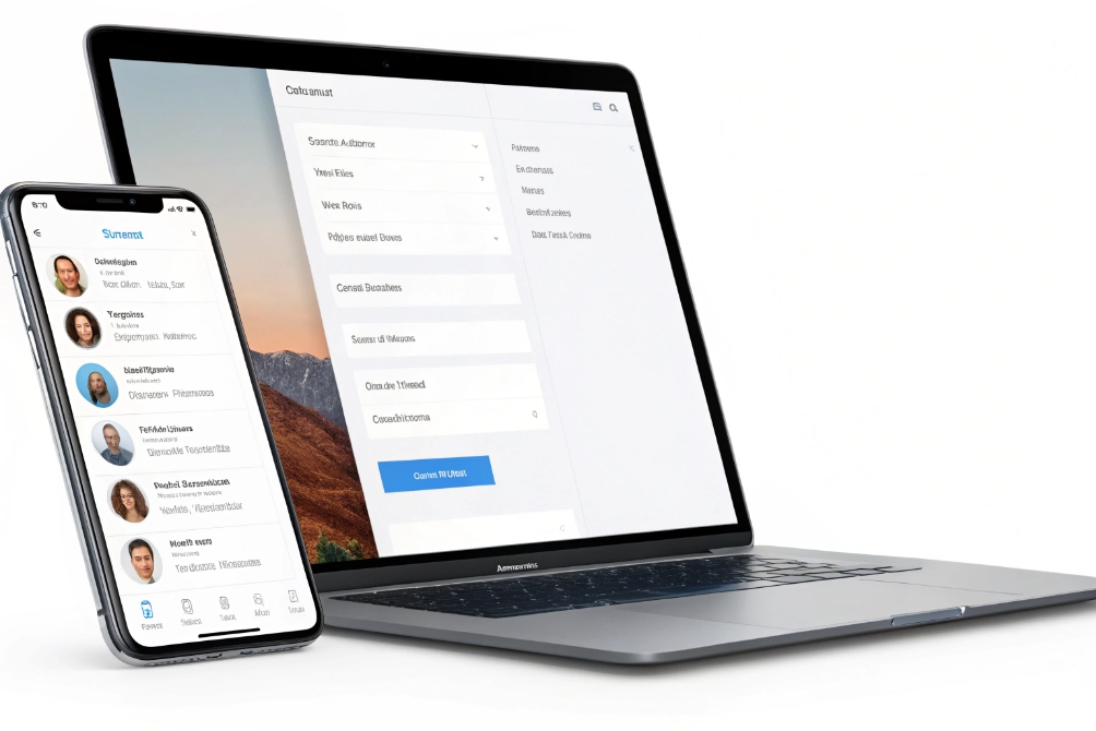 Smartphone and laptop displaying cloud contact management and CRM application