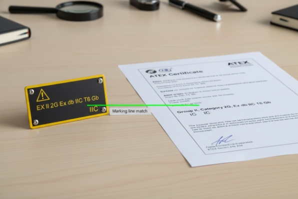 ATEX certificate check showing nameplate marking line matched to documentation on desk