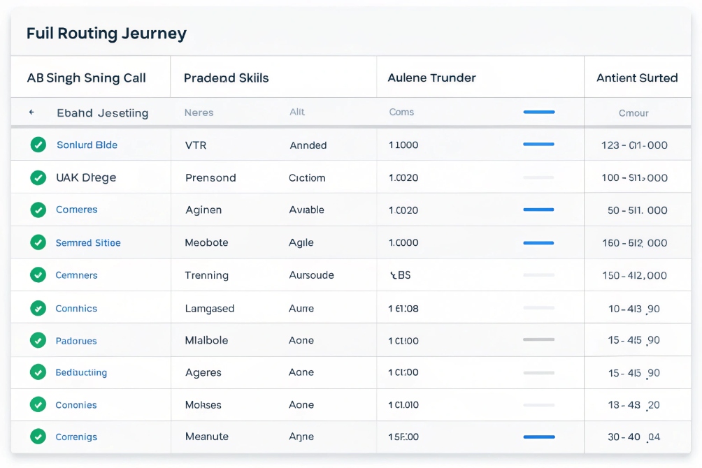 Call routing journey configuration table showing agent skills and outcomes