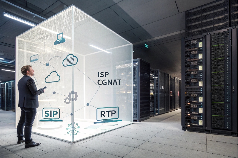 Engineer reviewing ISP CGNAT SIP RTP traffic inside modern data center visualization