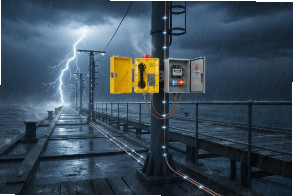 Lightning storm marine emergency call station with SIP phone and control cabinet on pier