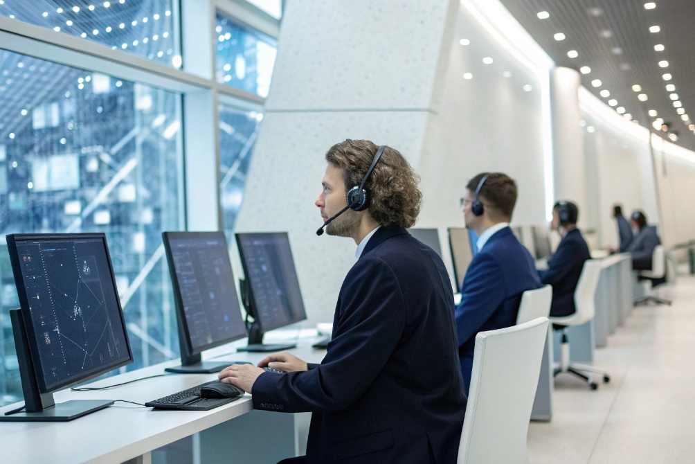 Modern command center with operators using headsets