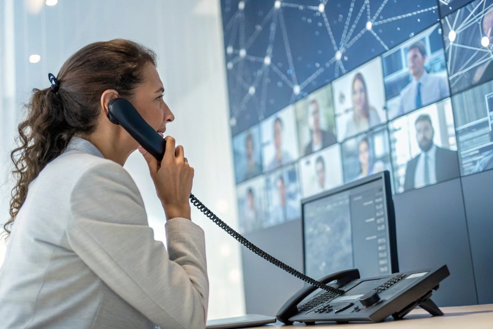 Employee making a phone call during a video conference