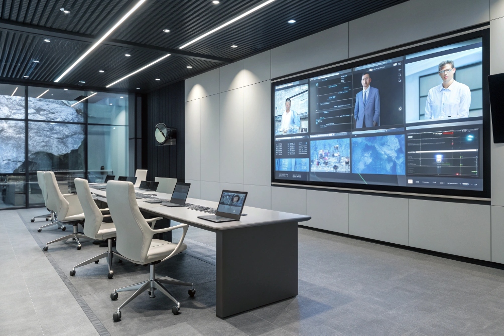 Advanced control room with multiple screens and staff