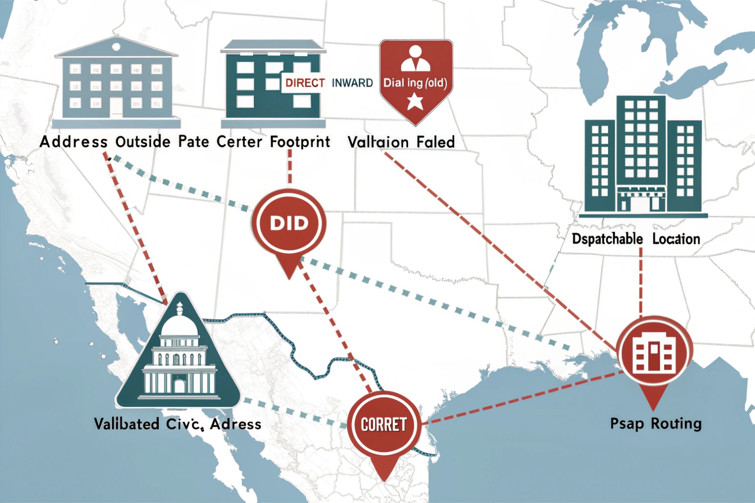 United States map illustrating DID validation, correct routing, dispatchable location and PSAP routing