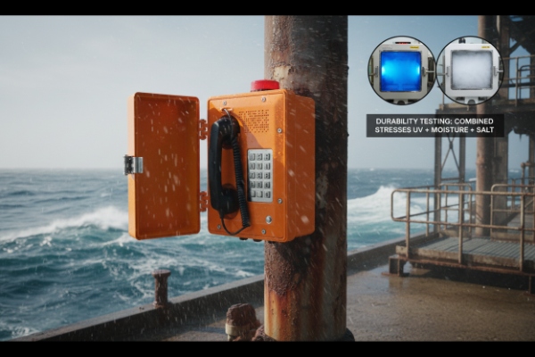 Coastal durability test of orange SIP emergency phone under salt spray and moisture