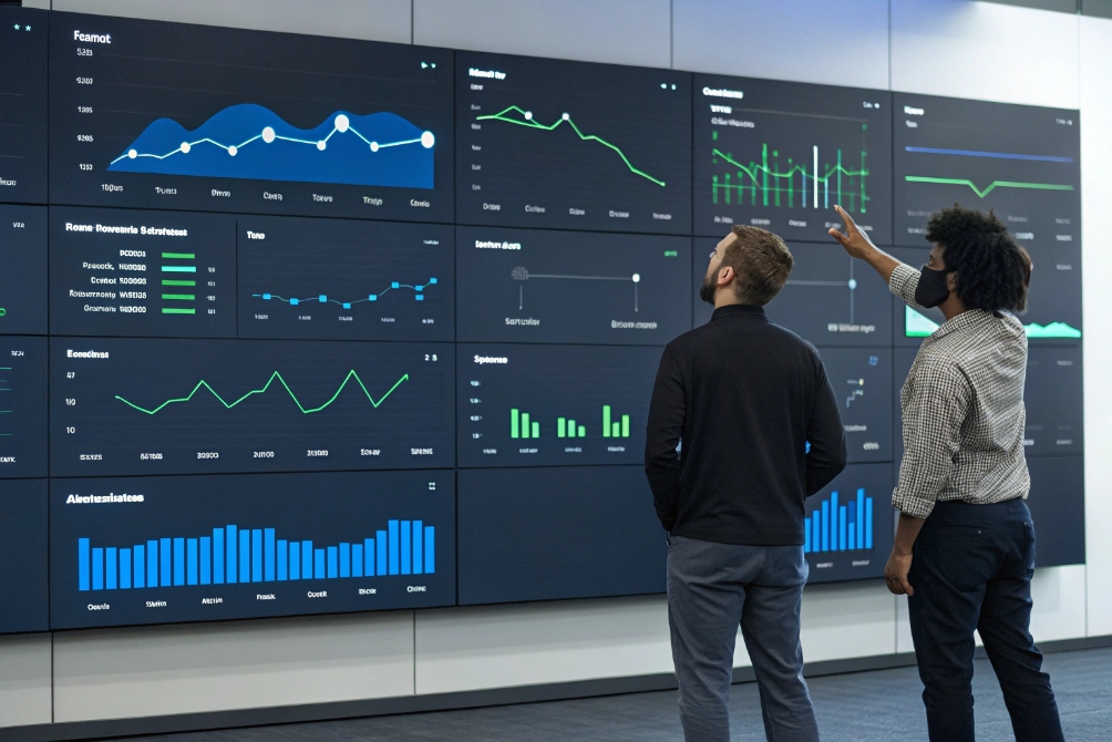 Team reviewing large wall of real time analytics dashboards and performance charts