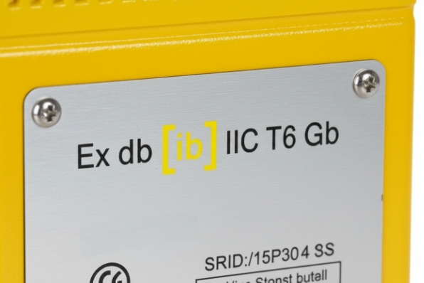 Close-up nameplate showing Ex db ib IIC T6 Gb explosion-proof marking