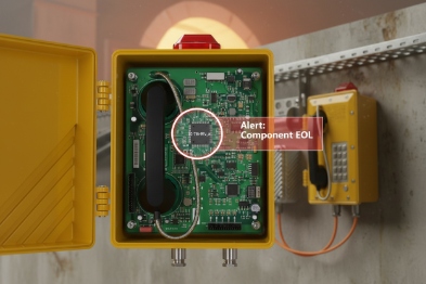 Opened yellow intercom showing PCB with component EOL alert while installed unit remains on wall