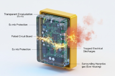 Transparent encapsulation cutaway showing potted circuit board trapping electrical discharges inside Ex mb housing