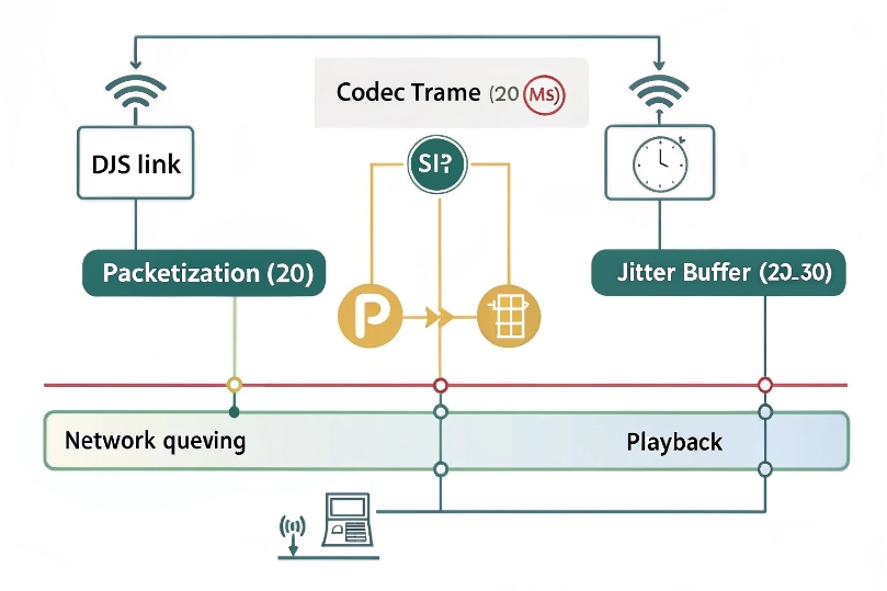 DJSlink SIP audio codec flow showing packetization, jitter buffer and network queuing