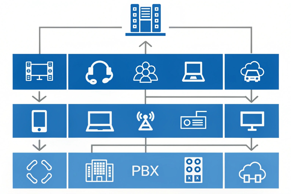 Blue block diagram of a PBX system showing servers at the top connected through tiers of icons for headsets, groups, laptops, mobile devices, radios, and cloud services, with PBX labeled at the bottom.