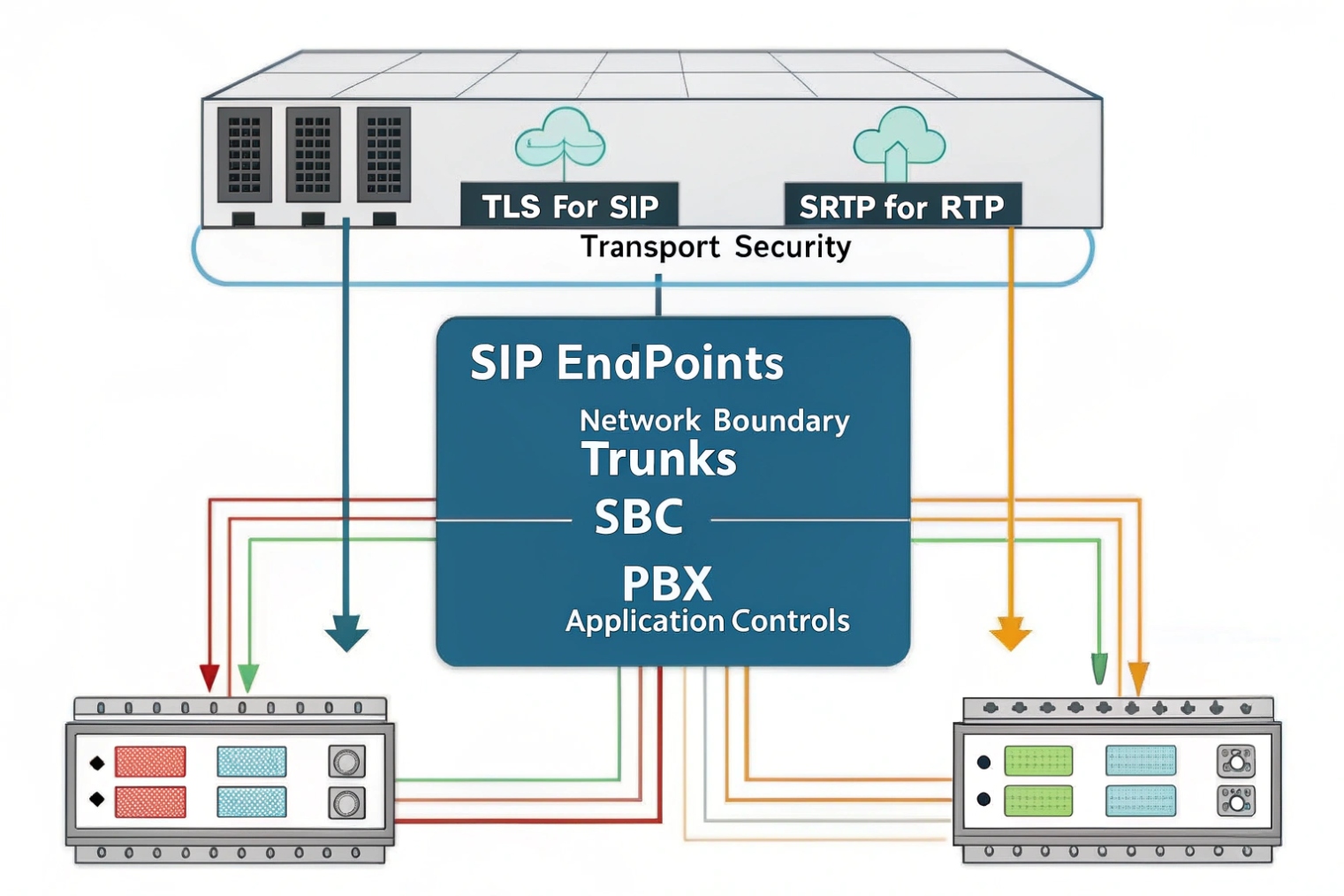 Security topology diagram with a top appliance labeled TLS for SIP and SRTP for RTP feeding into a central box labeled SIP Endpoints, Trunks, SBC, PBX, connected redundantly to two lower network devices