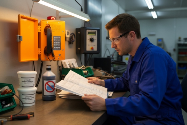 Engineer reviewing checklist beside mounted orange SIP emergency phone on lab bench