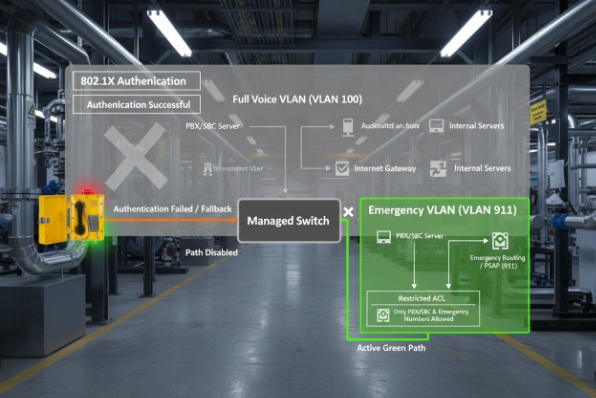 802.1X fail-open emergency calling for hazardous area phones