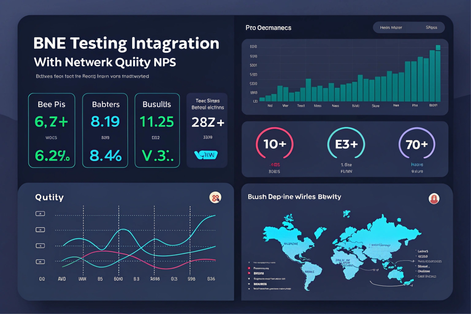BNE testing integration dashboard with network quality metrics charts and world map