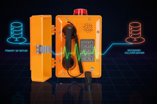 SIP emergency phone diagram showing primary server and secondary failover SIP server redundancy