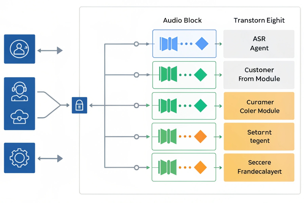 Contact center audio pipeline diagram with ASR agent analytics and customer experience modules