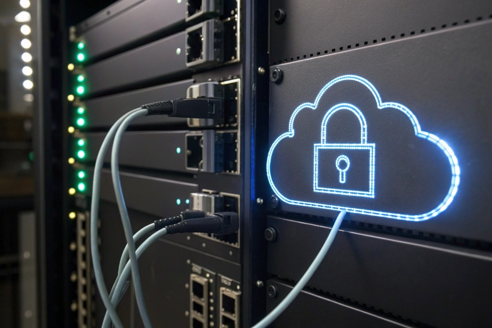 Data center rack with ethernet cables and glowing secure cloud lock icon