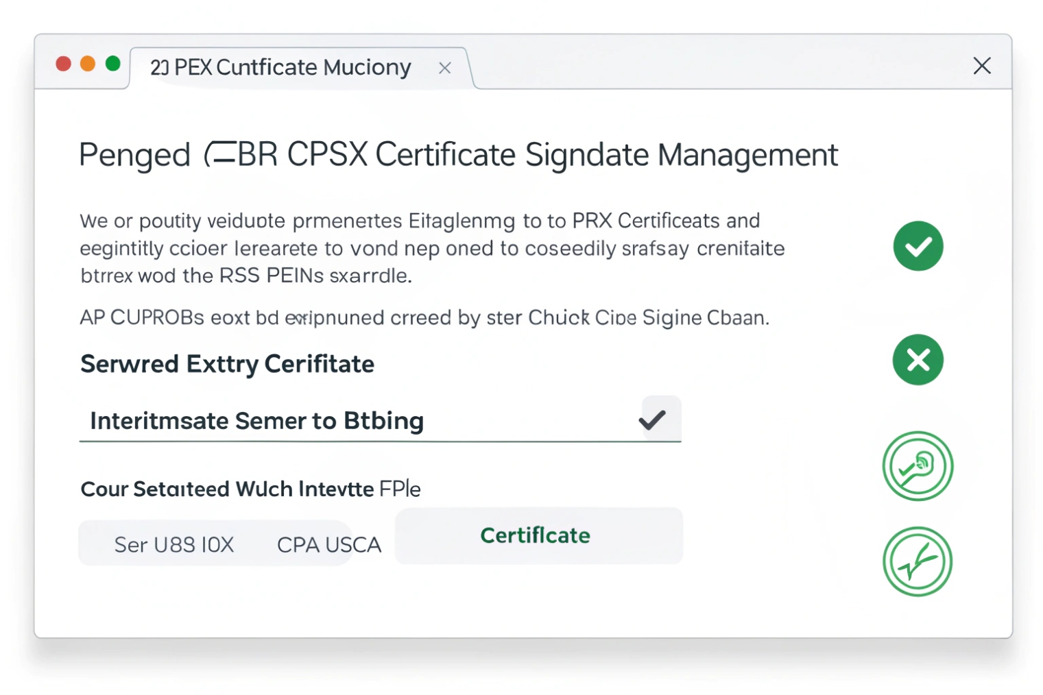 Stylized certificate management application window full of placeholder text, showing options for server and intermediate certificates with green check icons indicating valid status