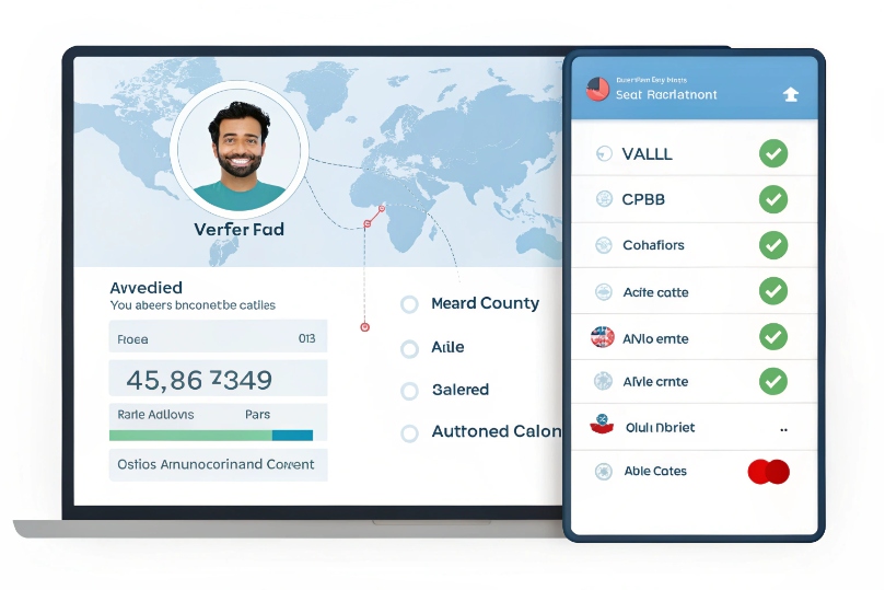 Laptop and mobile UI showing a global user profile with verified locations and phone number compliance