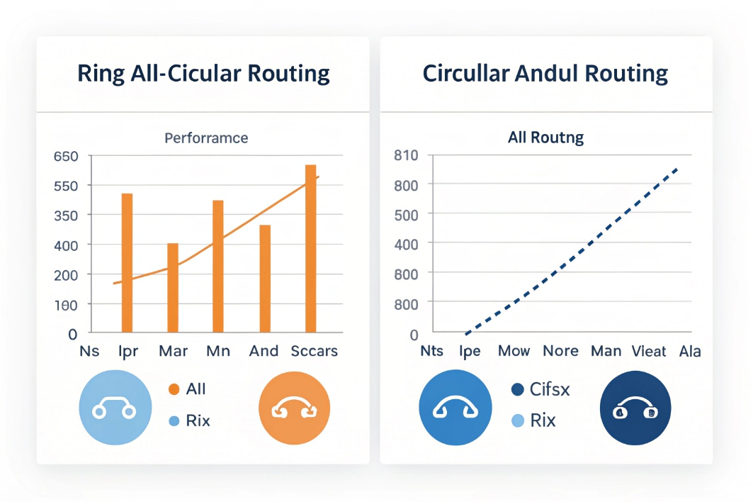 Analytics charts comparing VoIP call routing performance metrics across different strategies