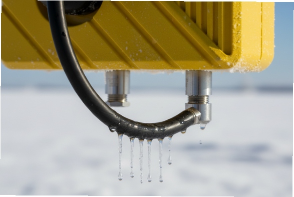 Waterproof cable glands under industrial SIP phone with frozen drops and ice formation