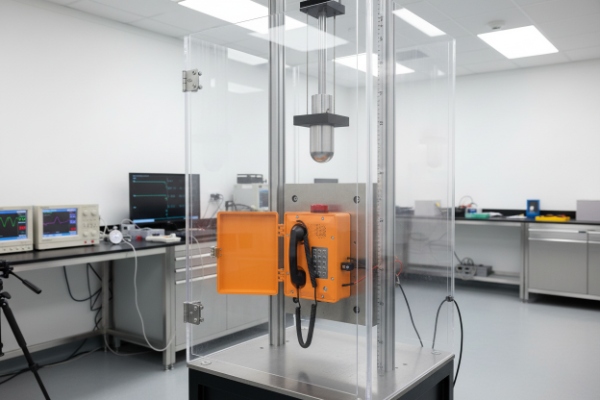 Drop impact test chamber evaluating orange SIP emergency phone enclosure strength