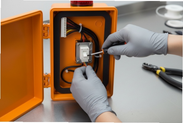 Gloved hands installing internal switch and wiring inside orange weatherproof phone enclosure