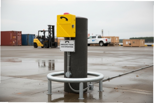 Dock operations emergency phone pedestal with protective ring, containers and forklift in background
